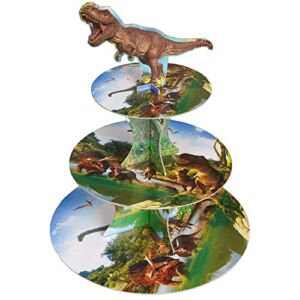 3-Tier Dinosaur Cupcake Stand – Kids Boy Favor Birthday Party Decorations For Green Jungle Theme Party Cake Stand 1Set (1)