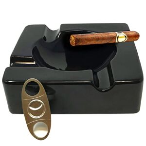 Large Cigar Ashtray Outdoor Ash Tray – 8.5 inch Big Ceramic Ashtrays Black Glossy Cigar for Indoor, Outdoor, Table, Patio, Home, Office Use – Cigar Accessories Luxury Gift Set for Men and Women