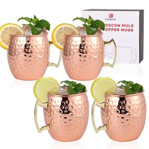 Moscow Mule Mugs Set of 4-18 oz, [Gift Set] Hammered Copper Mugs | Stainless Steel Lining, Copper Plating Cups with Gold Brass Handles for Making Classic Moscow Mule, 3.4” (Diameter) x 4 ”(Tall)