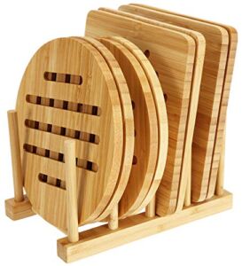 Lawei 8 Pack Bamboo Trivets with Dish Rack – Bamboo Trivet Mat Bamboo Hot Pads Trivet for Hot Dishes, Pot, Bowl, Teapot