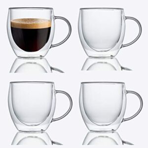 ZONEYILA Double Wall Glass Coffee Mugs Set with Handle, 8oz Tea Cups, Clear Glass Drinkware for Espresso, Cappuccino, Latte, Hot Beverages[4-Pack,8 Ounce]