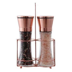 bonris Copper Stainless Steel Salt and Pepper Grinder Set Manual Himalayan Pink Salt Mill|Salt and Pepper Shakers with Adjustable Coarseness and Clear Glass Body (Pack of 2)
