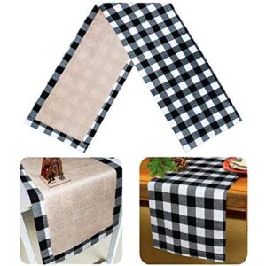 Senneny Christmas Table Runner Burlap & Cotton Black White Plaid Reversible Buffalo Check Table Runner for Christmas Holiday Birthday Party Table Home Decoration, 14 x 72 Inch