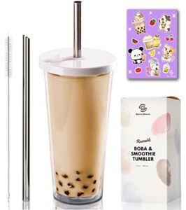 24 oz Reusable Boba Cup Smoothie Tumbler with Resealable Lid Plug, Double Wall Insulated, Boba Tea Kit, Leakproof Bubble Tea Cup, Reusable Boba Straw for Boba Pearls, Bubble Tea Kit, Boba Kit (White)
