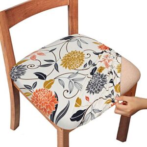 Gute Chair Seat Covers, Stretch Printed Chair Covers with Elastic Ties and Button, Removable Washable Dining Upholstered Chair Protector Seat Cushion Slipcovers for Dining Room, Office(Flower, Pack-4)