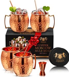 B. WEISS [CHRISTMAS GIFT SET] Moscow Mule Mugs Set+| COPPER JIGGER| STRAWS| COASTERS| Set Of 4 Pure copper Cups,16 Oz HANDCRAFTED-Premium Quality