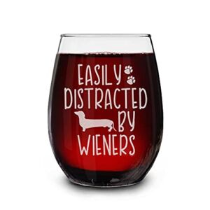 shop4ever® Easily Distracted By Engraved Stemless Wine Glass Funny Dachshund Weiner Dog Mom Gift