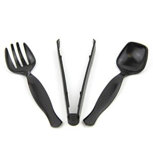 [30 Pack] 10 x 9″ Spoons, 10 x 9″ Forks, 10 x 9″ Tongs Combo, Black Disposable Plastic Serving Utensils Set, Heavy Duty Catering Supplies, Wedding, Birthday Party, Buffet