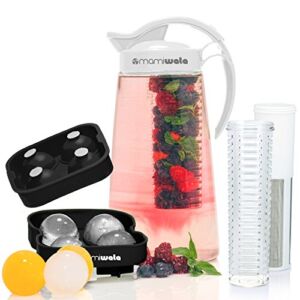 White Fruit & Tea Infusion Water Pitcher – Free Ice Ball Maker – Free Infused Water Recipe eBook – Includes Shatterproof Jug, Fruit Infuser and Tea Infuser – Great for weight loss – The PERFECT Set