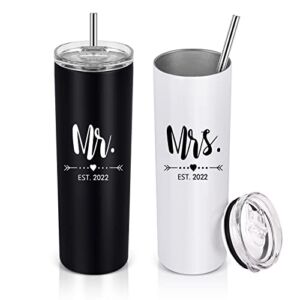Qtencas Mr and Mrs EST 2022 Gifts for Lovers Couples Wife Husband in Wedding Engagement Anniversary, 20 oz Stainless Steel Skinny Tumbler Set, Insulated Travel Tumbler with Lid, Black and White