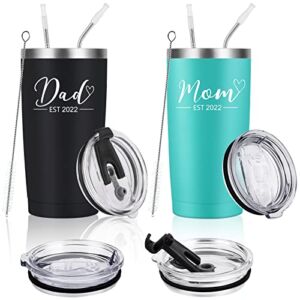 Mom and Dad Est 2022 Travel Tumbler Set, Christmas Mother’s Day Father’s Day Gifts for New Parents New Pregnancy New Dad New Mom Anniversary, 20oz Stainless Steel Insulated Tumbler, Black&Mint