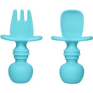 Silicone Baby Fork and Spoon Set, Baby Led Weaning Utensils, Stage 1 for Ages 6 Months (Blue)