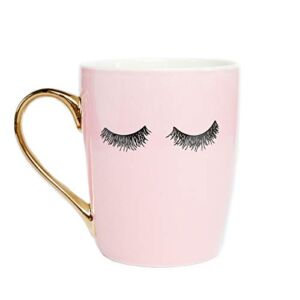 Sweet Water Decor Cute Coffee Mugs with Golden Handle | Girly Make Up & Mascara 16oz China Coffee Cup with Eyelashes | Embellished with Real Gold & Microwave Safe (Pink)