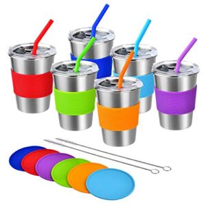 Kids Cups with Straw and Lid Spill Proof, 6 Pack 12oz Stainless Steel Drinking Tumbler with Coasters,Unbreakable Water Glasses,BPA-Free Metal Sippy Mug for Toddler,Children,Adult, Indoor, Outdoor