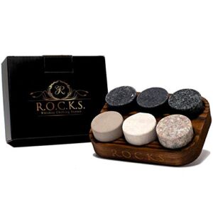 Whiskey Chilling Stones – Set of 6 Handcrafted Premium Granite Round Sipping Rocks – Hardwood Presentation & Storage Tray by R.O.C.K.S.