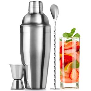 Large 24 oz Stainless Steel Cocktail Shaker Set – Mixed Drink Shaker – Martini Shaker Set With Built In Strainer, Double Sided Jigger & Combo Muddler Mixing Spoon – Pro Margarita Shaker – By Zulay