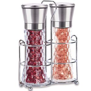 AAILDEHY Salt and Pepper Grinder Set of 2 – Stainless Steel Salt and Pepper Mill with Adjustable Coarseness – Ceramic Pepper Grinder Refillable – Glass Spice & Kosher Salt Shaker with Stand