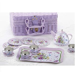 Delton Products Pansy Flower 15 Piece Tin Tea Set in Fabric Lines Basket New