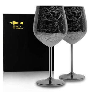 Sky Fish Stainless Steel Wine Glasses with Black Plated,Etched with Intricate and Authentic Baroque Engravings,Royal Style Wine goblets,Set of 2(17oz)