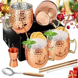 [Gift Set] Moscow Mule Mugs Copper Mule Cup Kit 18oz Set of 4 with Handle Large Copper Hammered Plating Cups with 0.5oz Double Jigger, Stainless Steel Straws, Spoon for Cold Drinks Cocktails Wine