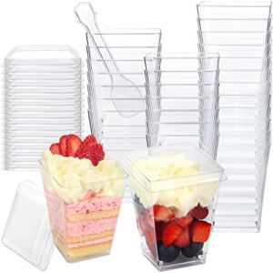HawHawToys 60 Pack 4.5 OZ Dessert Cups with Spoons and Lids, Square Plastic Parfait Cups for Party Desserts, Appetizer Serving (60)