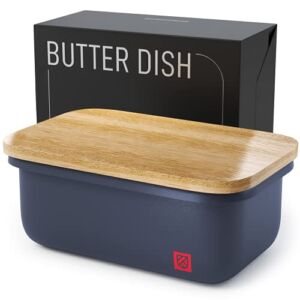 Butter Dish with Lid for Countertop – Butter Stick Holder Container with Freshness Seal – Bamboo Lid Cutting Board Butter Keeper – Kensington London Butter Crock for Counter Top – Gray – 23oz