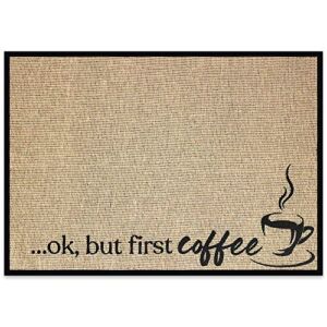 New Mungo Coffee Bar Mat – Coffee Bar Accessories for Coffee Bar Decor – Coffee Decor for Coffee Station – Ok, But First Coffee Mat – Burlap Placemat with Fabric Backing – 20”x14”