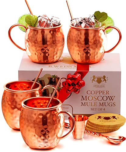 B. WEISS [CHRISTMAS GIFT SET] Moscow Mule Mugs Set+| SHOT GLASS| STRAWS| COASTERS| SPOON | Set Of 4 Pure copper Cups,16 Oz HANDCRAFTED-Premium Quality | The Storepaperoomates Retail Market - Fast Affordable Shopping