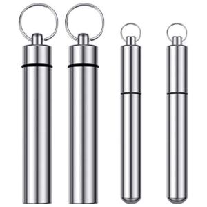 4 Pieces 2 Sizes Metal Portable Toothpick Holder, aluminum alloy Pocket Toothpick Holder Aluminum Waterproof Case Toothpick Container with Keychain for Outdoor Picnic and Camping (Silver)