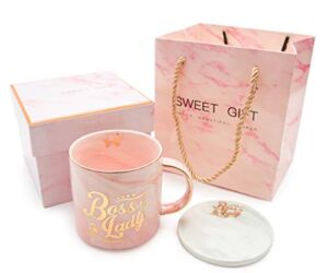 Boss Lady Pink Marble Ceramic Coffee Mug 11.5 Oz with Coasters Boss Lady Mug Birthday Gifts for Women Mom and Girl Female Entrepreneur Business Owner Coffee Mug for Women