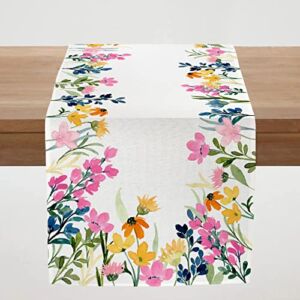 PROCIDA Spring Floral Table Runner Burlap Watercolor Colorful Wildflower Plants Flower Table Runners Seasonal Kitchen Dinning Decor for Holiday Indoor Outdoor Home Wedding Party 13×72 Inch