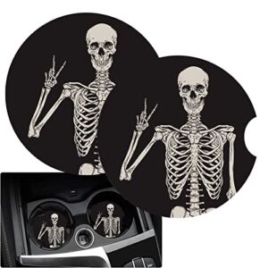 Cup Holders Car Coasters for Women/Men – 2 Pack Absorbent Ceramic Stone Drinks Coaster Set, Funny Skull Skeleton Halloween Victory