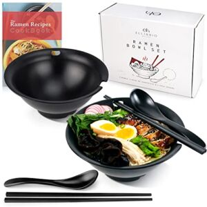 ELLISSIO Ramen Bowl Set – 2 Large Japanese Style Noodle Bowls With 2 Spoons & 2 Sets of Chopsticks For Ramen, Pho and Udon Soup – Black Melamine – Best For Authentic Asian Dining Experience At Home