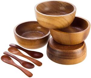 BestySuperStore Tiny 2¾” Dia Acacia Calabash Wood Bowl for Condiments, Dip Sauce, Nuts, Ketchup, Jam, Herb, Prep, Olive and Salsa, Round Wooden Brown Bowl 2.75″x 1.5″ H – Set of 4 (FREE 4 Wood Spoons)