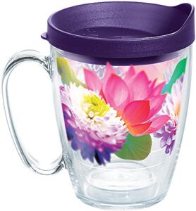 Tervis Floral Filter Tumbler with Wrap and Royal Purple Lid 16oz Mug, Clear