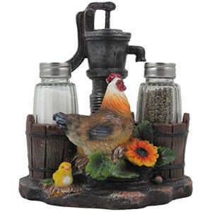 Farm Chicken and Old Fashioned Water Pump Glass Salt and Pepper Shaker Set with Holder Figurine in Country Kitchen Rooster Decor, Sculptures and Statues and Rustic Gifts for Farmers