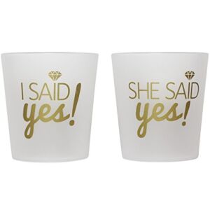 Breeze Moments Bridal 2oz. Shot Glasses, ‘I Said Yes’, ‘She Said Yes’, Frosted & Gold, 12-pack