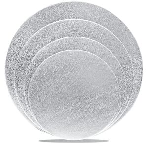 4 Pack Silver Cake Boards Sliver Foil Round Cake Circles 6, 8, 10, 12 Inch Cake Base Cardboard, 1 of Each Size Set for Baking Cake