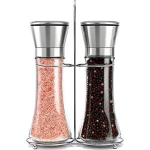 Buvlnee Salt and Pepper Grinder Set of 2 with Stand, Stainless Steel Sea Salt and Black Peppercorn Grinder Mill Refillable with Adjustable Coarseness for Daily Season and Party