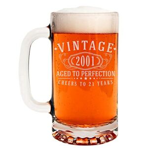 Vintage 2001 Etched 16oz Glass Beer Mug – 21st Birthday Aged to Perfection – 21 years old gifts