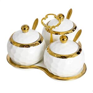 BIHOIB Golf Porcelain Sugar Bowl Condiment Pot Salt Container with Lid, Spoon and Tray, Set of 3, Modern Spice Box Seasoning Jar, White and Gold