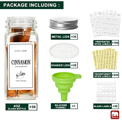 GMISUN Spice Jars with Label, 36 Pcs 4 oz Glass Empty Spice Bottles with Shaker Lids, Reusable Square Clear Small Seasoning Storage Containers, 464 Preprinted Spice Labels, Airtight Metal Caps, Funnel | The Storepaperoomates Retail Market - Fast Affordable Shopping