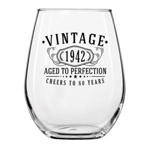 Vintage 1942 Printed 17oz Stemless Wine Glass – 80th Birthday Gift Aged to Perfection – 80 years old Anniversary