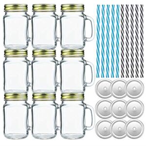 Tebery 9 Pack Glass Mason Drinking Jars 16oz Drinking Mugs with Handle and Straws