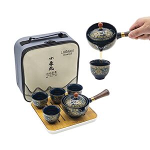 LURRIER Porcelain Chinese Gongfu Tea Set,Portable Teapot Set with 360 Rotation Tea maker and Infuser,Portable All in One Gift Bag for Travel,Home,Gifting,Outdoor and Office (Floral Blue)
