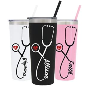 22 oz Nurse Personalized Stainless Steel Tumbler with Custom Stethoscope Vinyl Decal by Avito – Includes Straw and Lid – Nurse RN – Nurse Gift