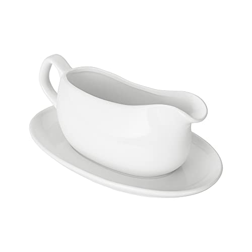 Nucookery Large 17 Oz Gravy Boat and Tray | Ergonomic Handle | White Fine Porcelain Saucier With Big Dripless Lip Spout For Gravy, Warming Sauces, Salad Dressings, Milk | Microwave & Freezer Safe | The Storepaperoomates Retail Market - Fast Affordable Shopping