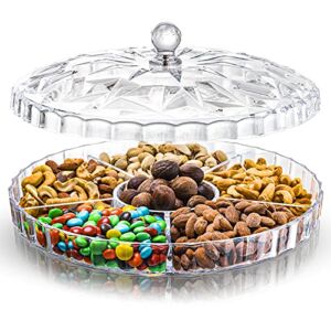 ZOOFOX Snack Serving Tray, 12″ Appetizer Tray with Lid, 6 Compartments Round Plastic Food Storage Organizer for Dried Fruits, Nuts, Candies, Sweet Cookies and Fruits ( Clear )
