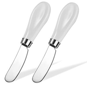 2 Pack Stainless Steel Butter Spreader Knife, Butter Knife with White Porcelain Handle, Cheese Butter Spreader Knives for Kitchen