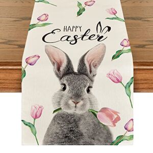 Artoid Mode Rabbit Flower Happy Easter Table Runner, Spring Summer Seasonal Holiday Kitchen Dining Table Decoration for Indoor Outdoor Home Party Decor 13 x 72 Inch